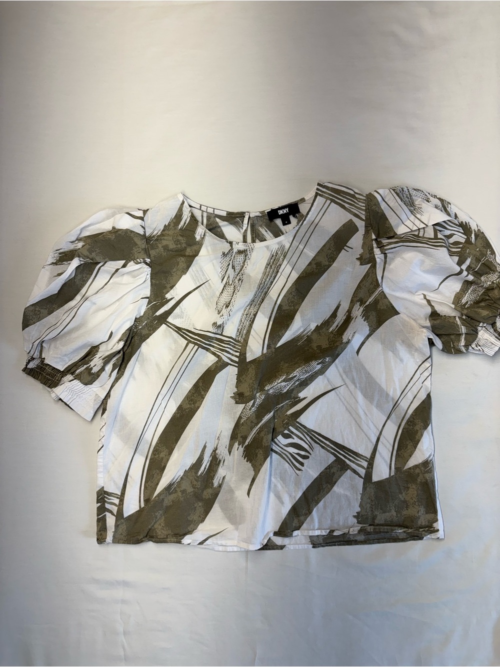 Women’s Dkny Olive and White Abstract Puff Sleeve Blouse